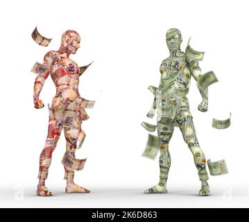 Dollaro US vs cedi Ghanaian, Forex trading, accoppiamento di valuta, personaggi umani fatti di denaro, lotta di valuta, rendering 3D Foto Stock