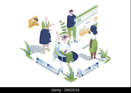 Focus Group web concept in 3D progettazione isometrica. Persone che fanno ricerche sui consumatori, analizzano i dati sul mercato, lavorano con il feedback dei clienti, si incontrano e. Illustrazione Vettoriale
