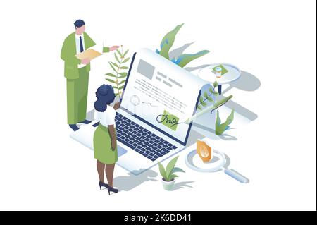 Concetto elettronico di contract web in progettazione isometrica 3D. Le persone fanno affari e firmano documenti virtuali. Uomo d'affari e donna d'affari che firma e. Illustrazione Vettoriale