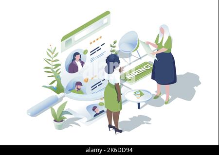 Concetto di web del processo HR nel design isometrico 3D. La gente sceglie il resume del candidato migliore e cerca i candidati all'intervista per i posti vacanti aperti in linea Illustrazione Vettoriale