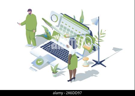 Progettazione di un concetto web in un design isometrico 3D. Le persone organizzano il flusso di lavoro, contrassegnano le date nel calendario online, creando elenchi di attività lavorative, gestione del tempo e. Illustrazione Vettoriale