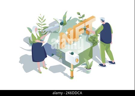 Tecnologia NFT concetto web in 3D progettazione isometrica. Le persone creano opere d'arte digitali con gettoni unici non fungibili, vendendo arti su aste online e. Illustrazione Vettoriale