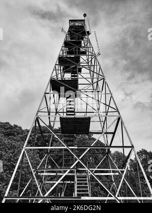 Una scala di grigi verticale ripresa ad angolo basso di una torre di avvistamento del fuoco in metallo. Foto Stock