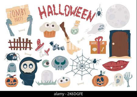 Halloween set di vacanza con carino elementi cartone animato in design piatto. Pacchetto di zombie, cupcake, veleno, fantasma, luna, fungo, ragno, zucca, cimitero Illustrazione Vettoriale