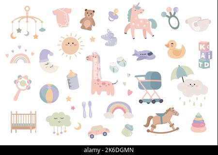 Set di articoli per neonati con elementi cartoni animati dal design piatto. Pacchetto di giocattoli per bambini, bodysuit, orsacchiotto, succhietto, unicorno, sonaglino, pannolini, stivaletti e. Illustrazione Vettoriale