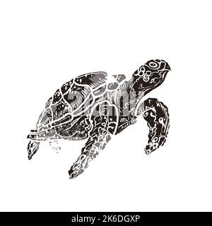 Tartaruga oceanica in stile retrò linocut isolata sul bianco Illustrazione Vettoriale
