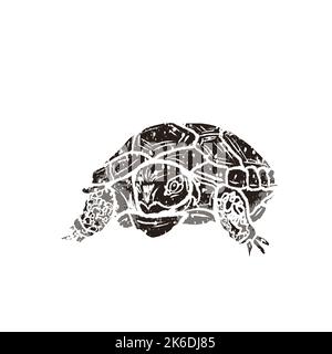 Grande tartaruga in stile retrò linocut isolata sul bianco Illustrazione Vettoriale