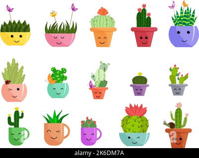 Mettere con succulenti in vasi di fiori e tazze. Disegni divertenti e carini di piante. Illustrazione Vettoriale