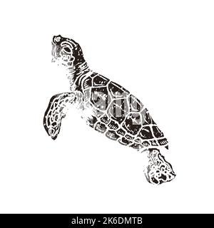 Nuota una tartaruga in stile retrò tagliata in linocut isolata sul bianco Illustrazione Vettoriale