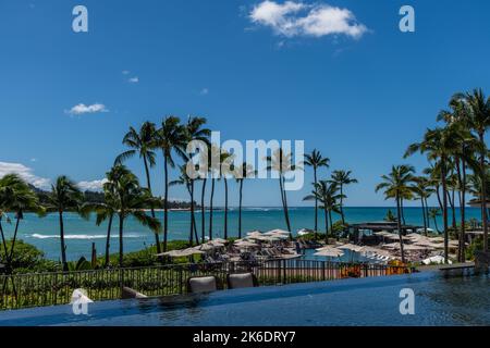 vista panoramica di Turtle Bay sulla riva nord di Oahu, Hawaii Foto Stock