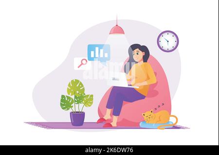 Concetto di lavoro freelance in stile piatto con la scena delle persone. Donna felice che fa le mansioni in linea e che fa l'analisi dei dati al laptop che si siede in poltrona a. Illustrazione Vettoriale