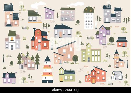 Diverse case carino set in piano cartone animato design. Fascio di edifici di appartamenti, torri di uffici, case private di diverse strutture e colori per Illustrazione Vettoriale