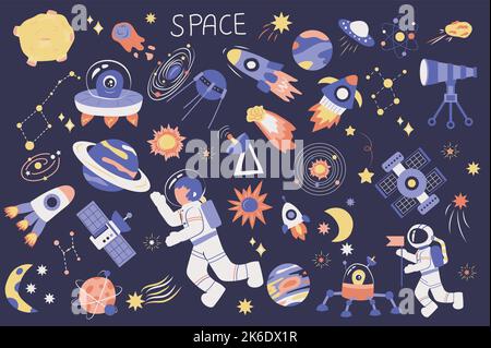 Spazio carino set in design cartone animato piatto. Fascio di pianeta, cometa, ufo, razzo, satellite, telescopio, costellazione, stella, astronauta, luna, astronave e. Illustrazione Vettoriale