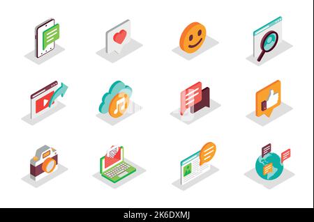 Set di icone isometriche del concetto di social media 3D. Elementi bundle di commento, emoji, ricerca, condivisione di link, contenuti video, streaming di musica su cloud e altro Illustrazione Vettoriale