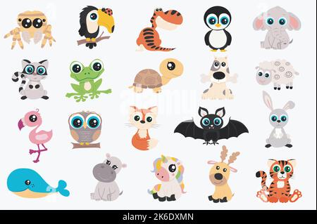 Animali carini in design cartoon piano. Fascio di ragno, toucan, dinosauro, pinguino, elefante, gatto, rana, tartaruga, cane, pecora, flamingo, gufo, volpe, pipistrello Illustrazione Vettoriale