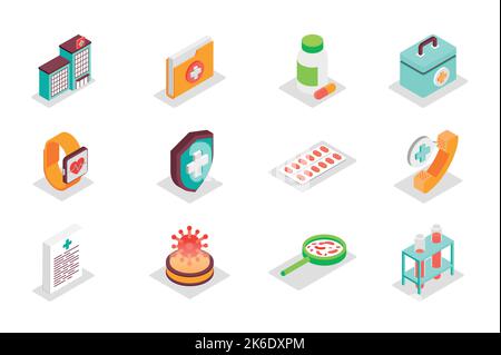 Set di icone isometriche Medical Concept 3D. Elementi bundle di clinica, ospedale, kit di pronto soccorso, cartella, pillole, cardio, orologio, assistenza sanitaria, chiamata e altro Illustrazione Vettoriale