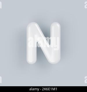 3D lettera N maiuscola bianca in plastica con superficie lucida su sfondo grigio. Illustrazione Vettoriale