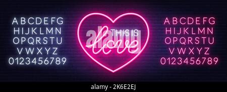 Ciò è segno del neon dell'amore nella cornice a forma di cuore su sfondo della parete del mattone. Illustrazione Vettoriale