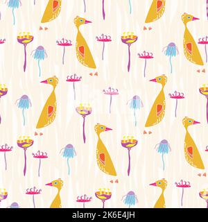 Stile ingenuo divertente piccolo oca e fiori modello marinai. Illustrazione Vettoriale