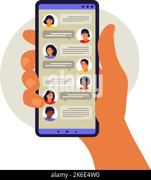 Informazioni sull'applicazione di messaggistica. Chat e messaggistica sullo smartphone. Brevi bolle di messaggio. Illustrazione vettoriale. Piatto. Illustrazione Vettoriale