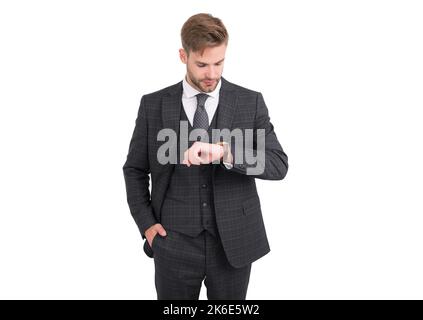 Qual è l'ora. Orologio di controllo del manager aziendale isolato su bianco. Gestione del tempo. Osservare la puntualità. Precisione di temporizzazione. Mantenere attività e progetti in tr Foto Stock