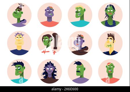 Zombie persone avatar isolato set. Uomini e donne non morti con diversi look da mostro. Ritratti di mascotte maschili e femminili. Vettore Illustrazione Vettoriale
