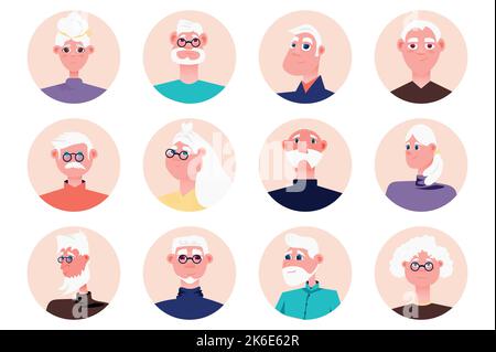 Nonni in famiglia persone avatar isolato set. Uomini e donne anziani diversi con un aspetto diverso. Nonne e nonni mascotte. Vettore Illustrazione Vettoriale