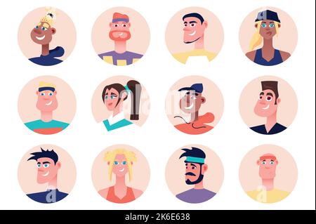 Fitness persone avatar isolato set. Sportivi e sportivi diversi con un look diverso. Ritratti di mascotte atletiche femminili e maschili. Vettore Illustrazione Vettoriale