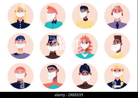 Persone in maschere mediche avatar isolato set. Diversi uomini e donne che indossano maschere protettive con un look diverso. Mascotte maschili e femminili. Vettore Illustrazione Vettoriale