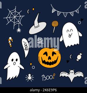 Set di colori per doodle di Halloween. Fantasma, zucca, dolci, pipistrello, rete, ragno, cappello di strega. Elementi di cartone isolato su sfondo blu scuro. Contorno disegnato a mano Illustrazione Vettoriale