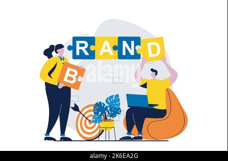 Concetto di squadra marcare a caldo con la scena della gente nel disegno piano del cartone animato. Uomo e donna costruire la strategia di sviluppo del marchio e l'identità aziendale con puzzle Illustrazione Vettoriale