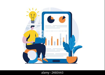 Concetto di analisi dei dati con la scena delle persone nella progettazione di cartoni animati piatti. Man genera idee e lavora con le statistiche su app mobile, analizzando grafici e. Illustrazione Vettoriale