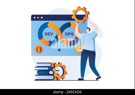 Il concetto DevOps con la scena delle persone in un design a cartoni piani. Man ottimizza i processi di creazione del software, implementa le pratiche delle operazioni di sviluppo in Illustrazione Vettoriale