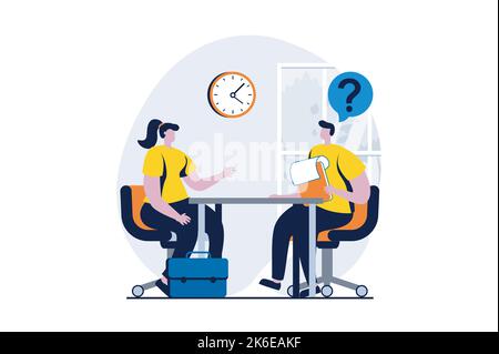 Concetto del processo di assunzione dei dipendenti con la scena delle persone in un design a cartoni piani. Donna candidata che parla con il responsabile delle risorse umane per un colloquio di lavoro in ufficio. Umano Illustrazione Vettoriale
