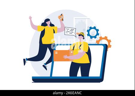Concetto di servizio di consegna con la scena della gente in disegno piano del cartone animato. Donna fa shopping online utilizzando il laptop e ordina la consegna di pacchi tramite corriere Illustrazione Vettoriale