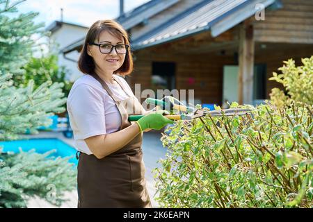 Il giardiniere femminile taglia una siepe nel cortile Foto Stock