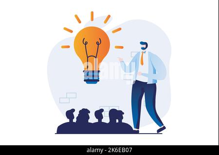 Trovare il concetto di soluzione con le persone scena in piano di progettazione cartoni animati. L'uomo genera nuove idee e brainstorming a conferenza, comunicazione e. Illustrazione Vettoriale