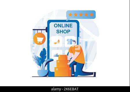 Concetto di commercio mobile con la scena della gente nel disegno piano del cartone animato. L'uomo sceglie i prodotti sul sito web del negozio, ordinando e pagando per gli acquisti utilizzando Illustrazione Vettoriale