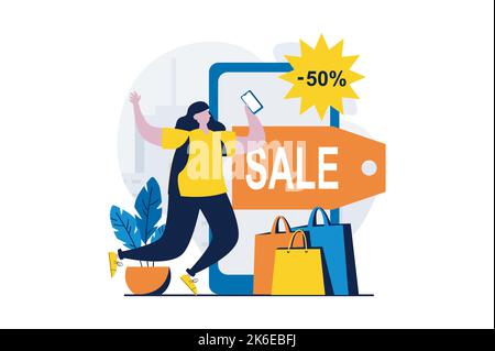 Concetto di commercio mobile con la scena della gente nel disegno piano del cartone animato. Donna effettua gli acquisti online dopo aver ricevuto la notifica delle vendite e degli sconti Illustrazione Vettoriale