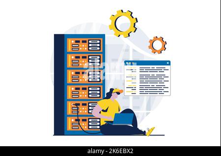 Concetto di manutenzione dei server con la scena delle persone in design a cartoni piani. Tecnico donna che lavora nella sala hardware del rack server e che fissa la connessione a. Illustrazione Vettoriale