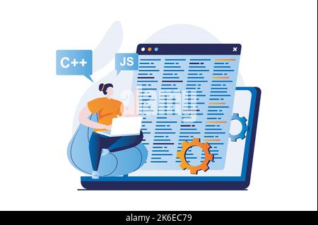 Concetto di sviluppo del software con la scena della gente nel disegno piano del cartone animato. Donna programmi in diverse lingue, ottimizza il codice, crea software su Illustrazione Vettoriale