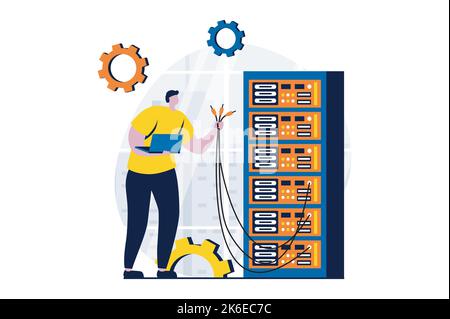 Concetto di manutenzione dei server con la scena delle persone in design a cartoni piani. Tecnico che tiene i cavi e lavora nella sala dell'hardware del rack server, fissaggio Illustrazione Vettoriale