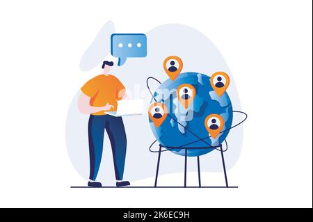 Concetto di social network con la scena delle persone in design cartoon piano. L'uomo comunica online con persone diverse in tutto il mondo utilizzando chat, messaggeri Illustrazione Vettoriale