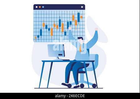 Concetto di mercato azionario con la scena della gente nel disegno piano del cartone animato. L'uomo lavora e commercializza in borsa, sviluppa un portafoglio di investimenti e aumenta Illustrazione Vettoriale