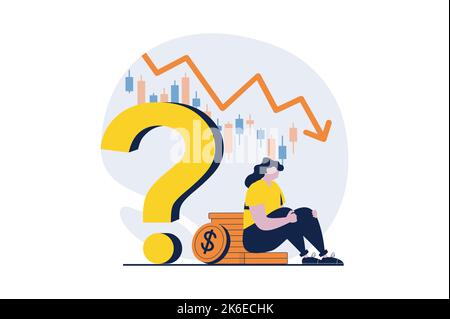 Concetto di mercato azionario con la scena della gente nel disegno piano del cartone animato. Donna che perde denaro in cambio, pensando e analisi grafico con tendenza al ribasso, finanziario Illustrazione Vettoriale