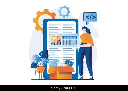 Concetto di sviluppo Web con la scena della gente nel disegno piano del cartone animato. Donna che crea e programmando layout di siti web, test e ottimizzazioni per dispositivi mobili Illustrazione Vettoriale