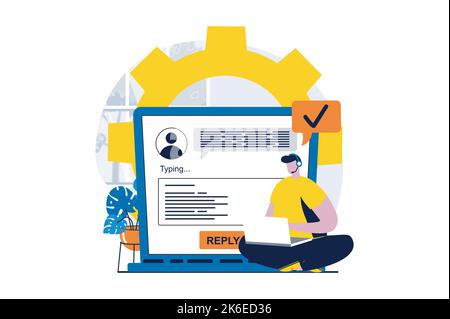 Concetto di supporto tecnico con la scena delle persone in disegno piano del cartone animato. L'operatore lavora su un computer portatile, risponde alle e-mail e ai messaggi dei clienti e. Illustrazione Vettoriale