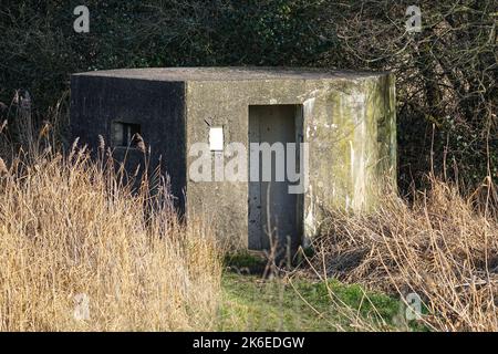 Cassone portapacchi in cemento esagonale tipo 22 della seconda guerra mondiale a Hornchurch Country Park, ex sede dell'Hornchurch Airfield, Inghilterra Regno Unito Regno Unito Regno Unito Foto Stock