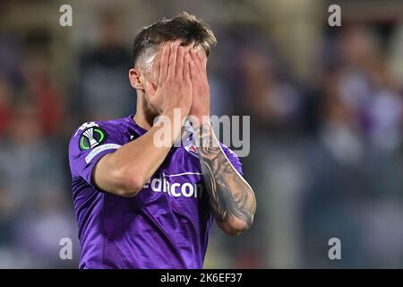 Firenze, Italia, 13/10/2022, stadio Artemio Franchi, Firenze, Italia, 13 ottobre 2022, delusione di Alessandro Bianco (ACF Fiorentina) durante la partita di calcio ACF Fiorentina vs Heart of Midlothian FC - UEFA Conference League Foto Stock