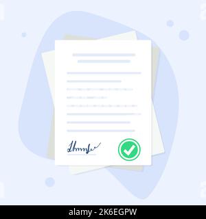 Documenti contrattuali. Documento. Cartella con timbro e testo. Pila di documenti di accordi con firma e timbro di approvazione Illustrazione Vettoriale